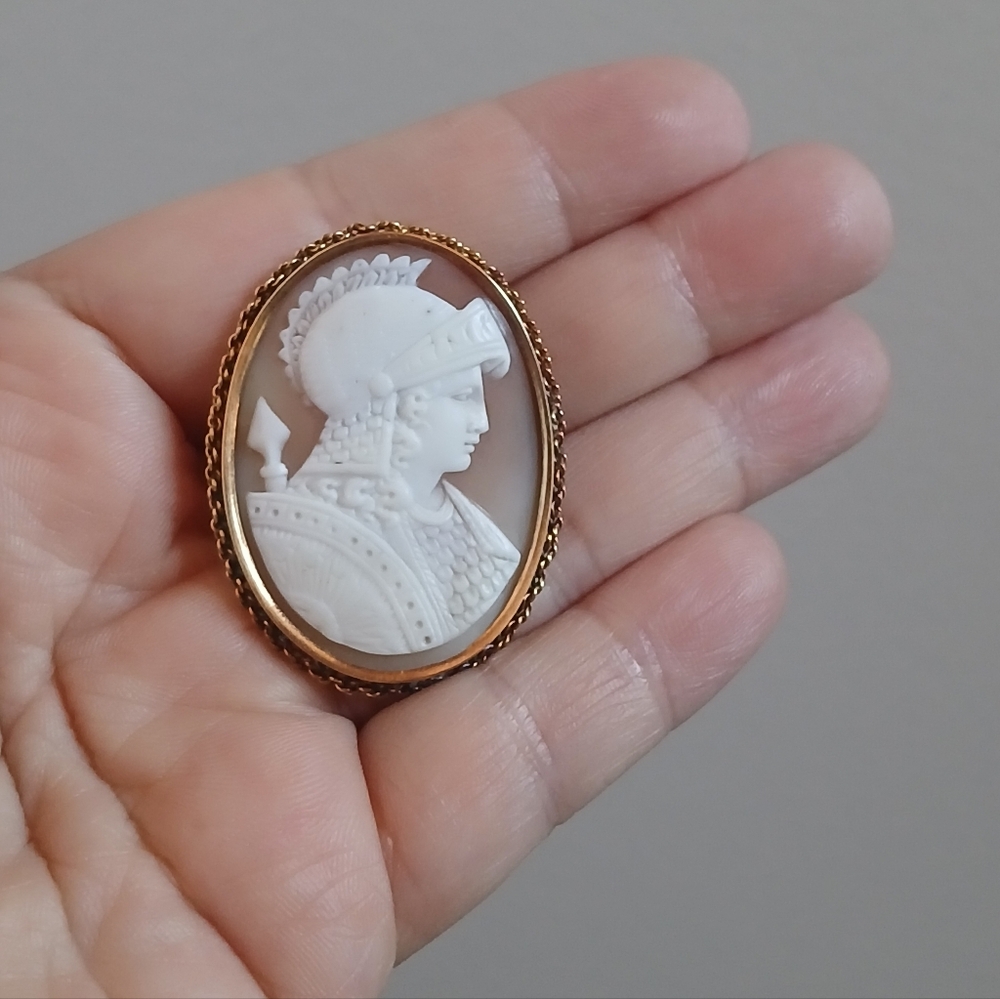 Antique Victorian Carved Shell Cameo 14K Rose Gold Brooch Roman Greek Warrior - Picture 14 of 16